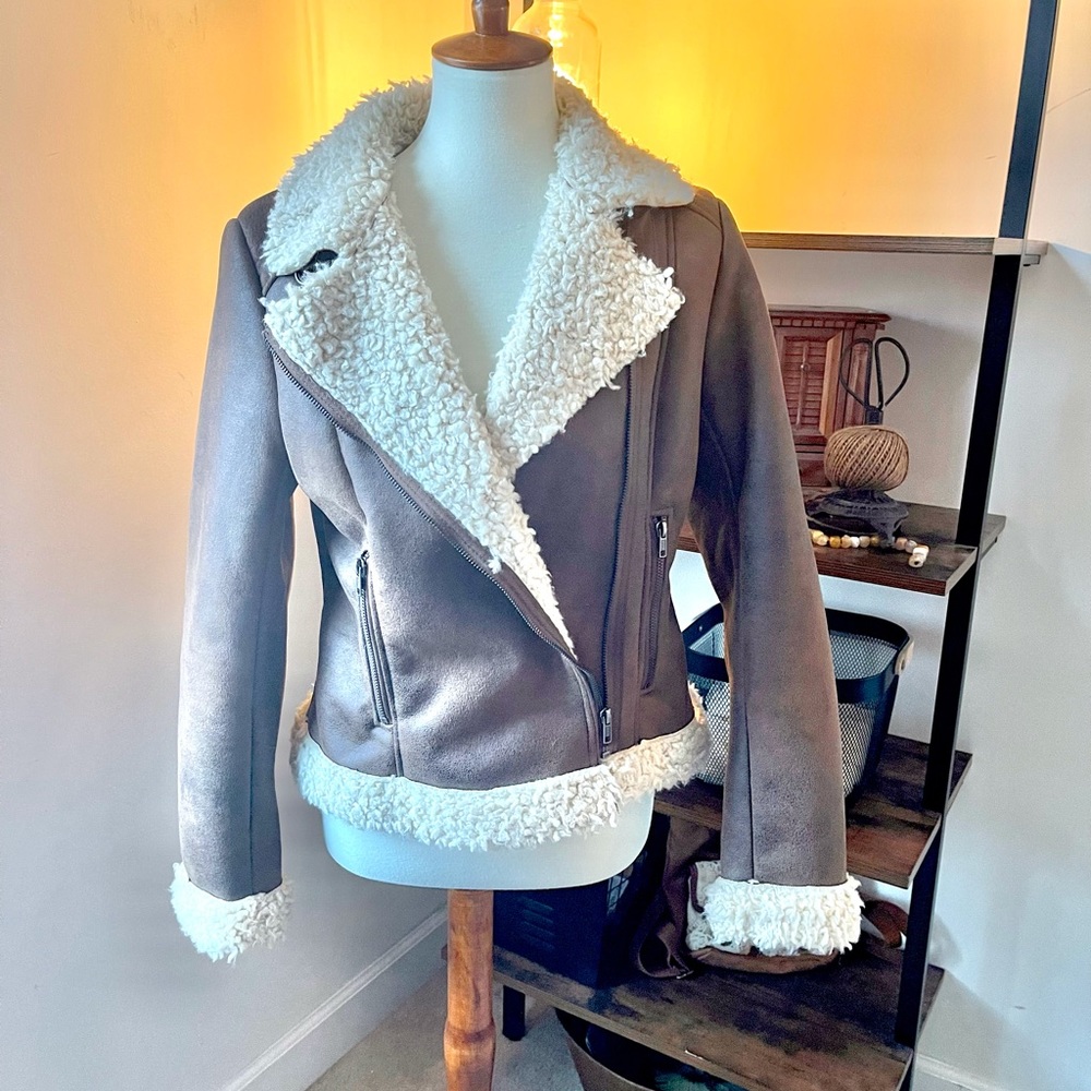 H&M Faux Leather Bomber Jacket/Coat with Sherpa lining.